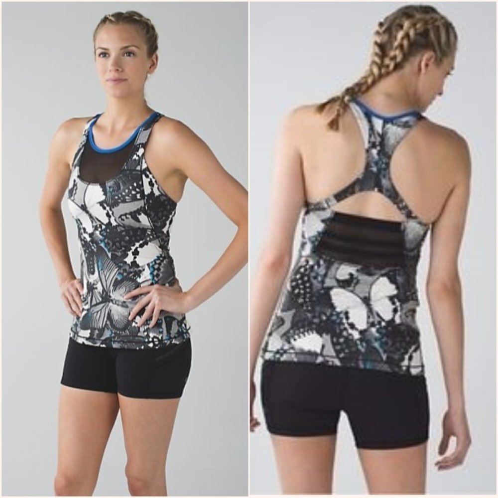 Lululemon Mesh With Me Tank Exploded‎ So Fly Butterfly Wing Print Black/Blue 4